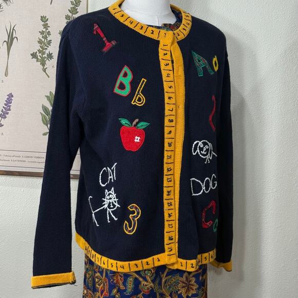 Vintage 90s Y2k Embroidered School Teacher Cardigan Sweater Grandma Novelty L - Picture 2 of 7